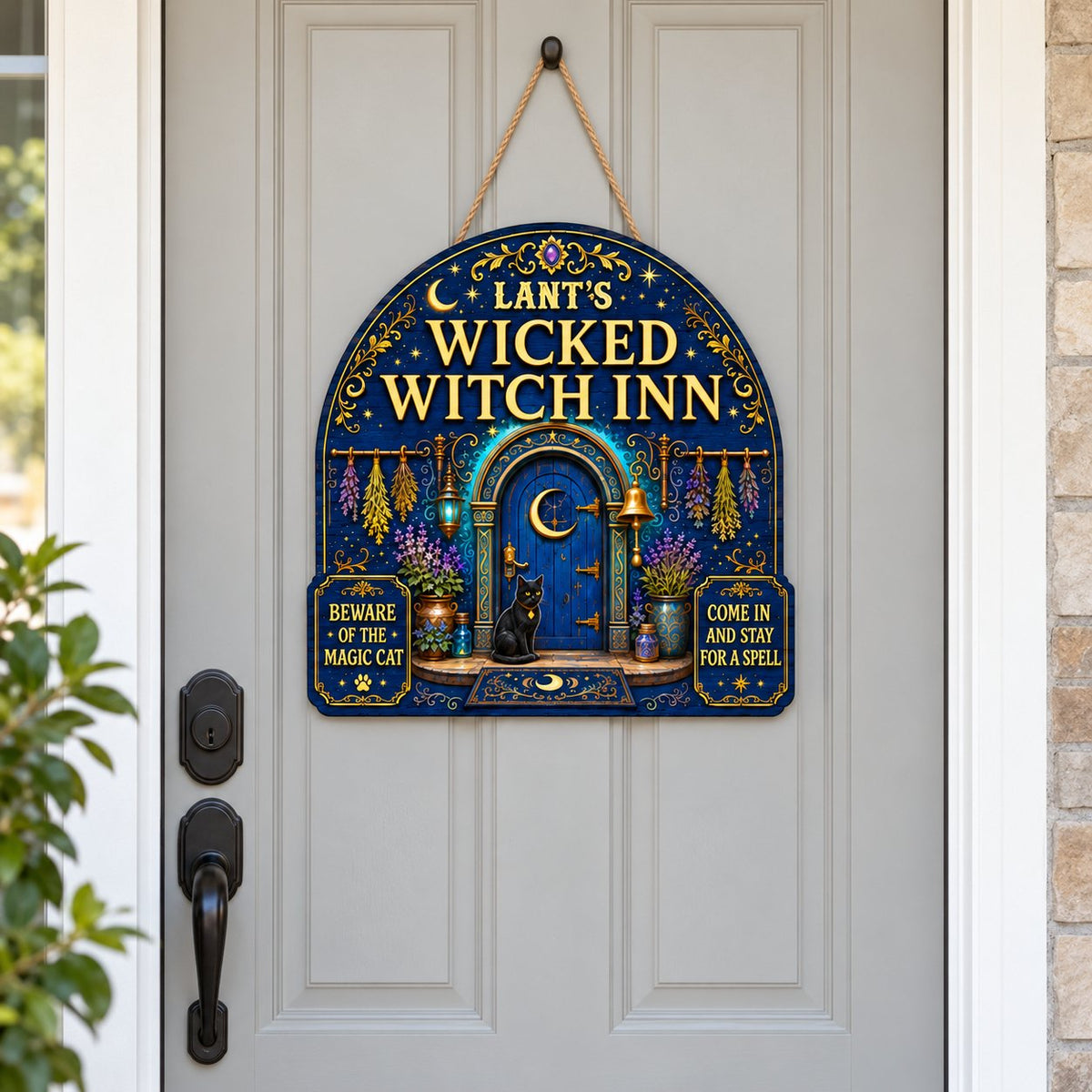 Custom-cut arched blue door wooden sign with black cat, crescent moon, herbs, lantern, bell, lavender and witchy plaques