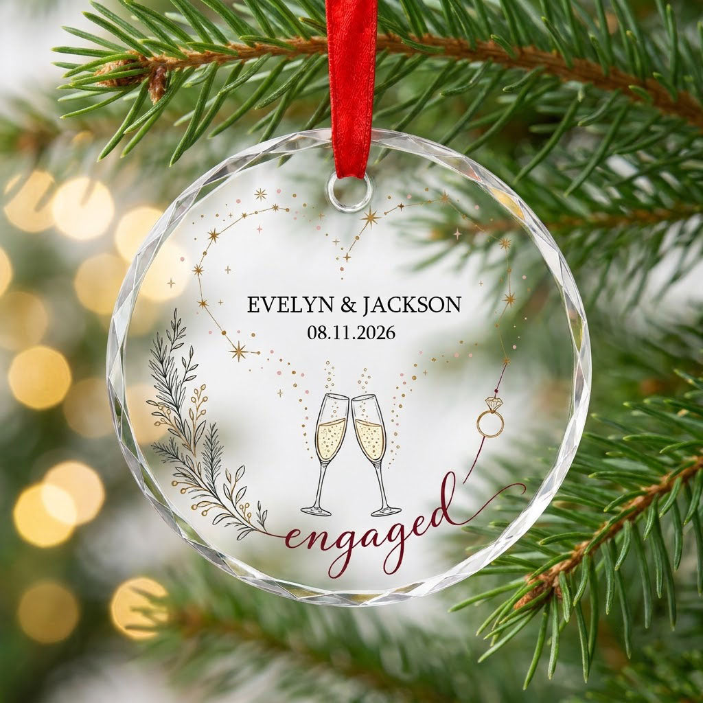 Round faceted glass ornament with gold constellation heart, ring, and clinking champagne flutes reading engaged.