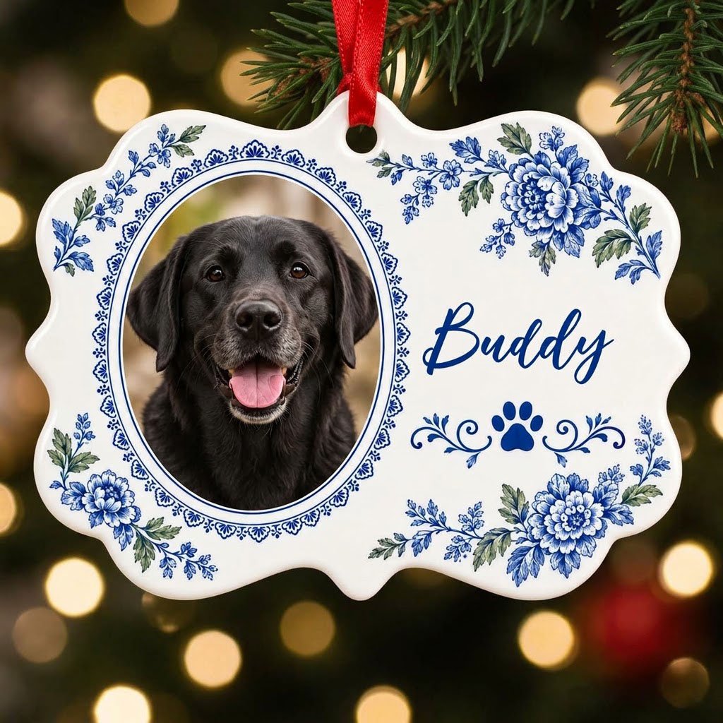 Scalloped medallion ornament with blue-green Delft floral border, dog photo left, blue paw print and name Buddy
