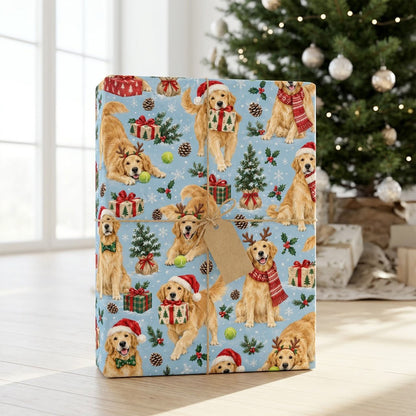 Light blue wrapping paper with Golden Retrievers in festive accessories, Christmas trees, gifts and snowflakes.