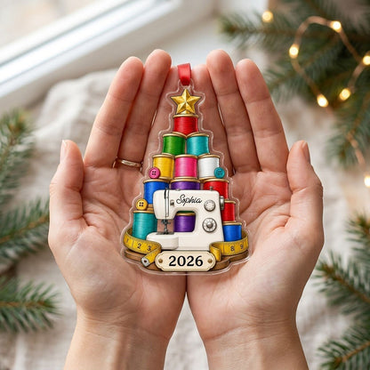 Personalized Sewing Tree Acrylic Ornament, Custom Seamstress Quilter Christmas Keepsake