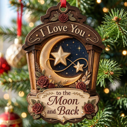 Wood ornament with red roses, crescent moon and stars on a night sky, and the phrase I Love You to the Moon and Back.
