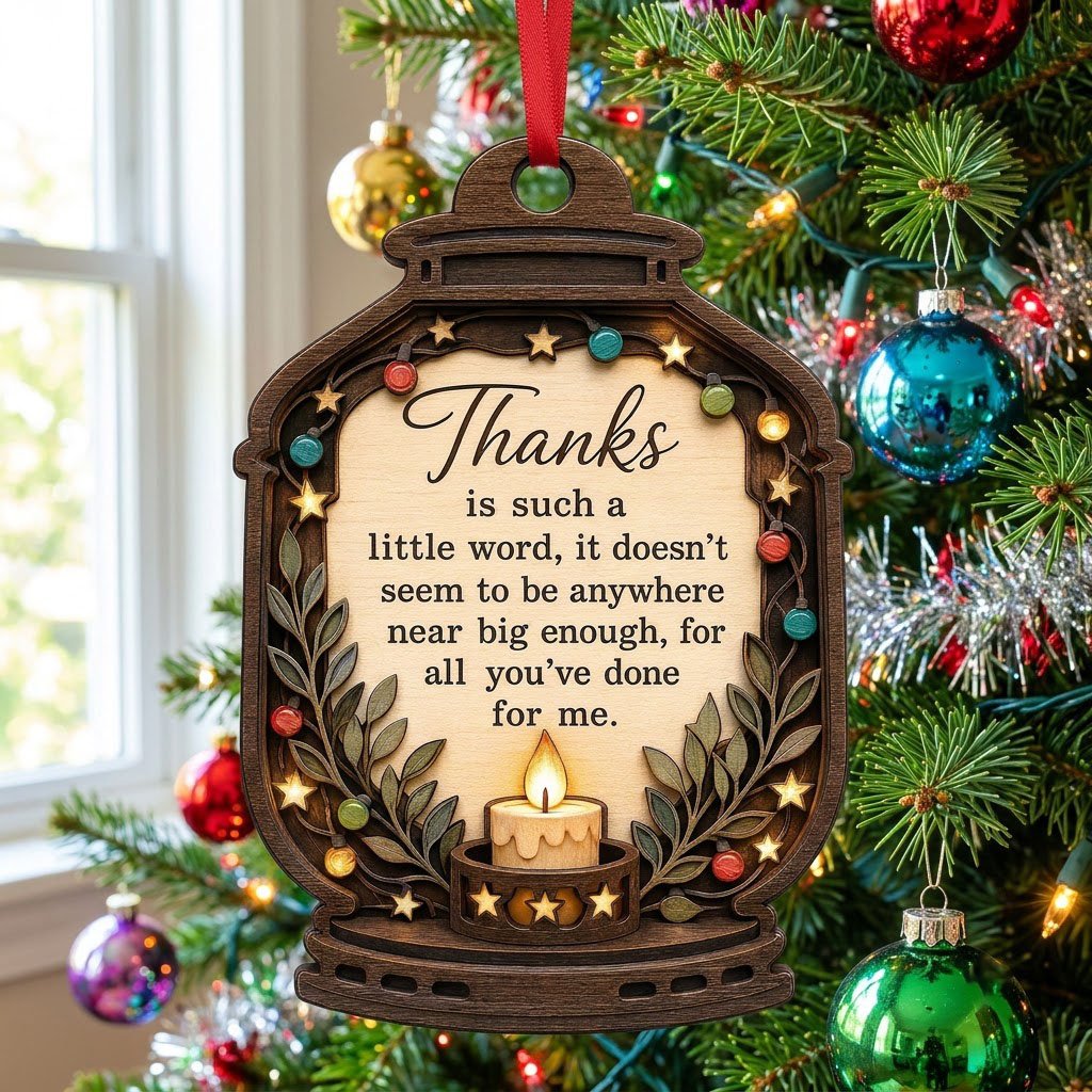 Lantern-shaped wood ornament with candle, colorful fairy lights, leafy branches, and a thank-you quote.
