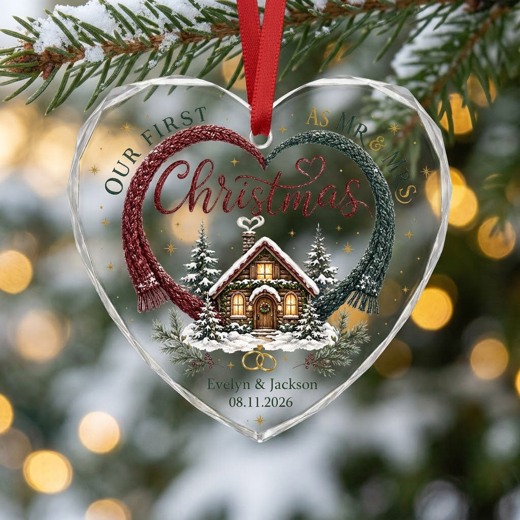 Personalized Our First Christmas as Mr & Mrs Winter Cabin Heart Glass Ornament