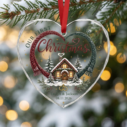 Personalized Our First Christmas as Mr & Mrs Winter Cabin Heart Glass Ornament
