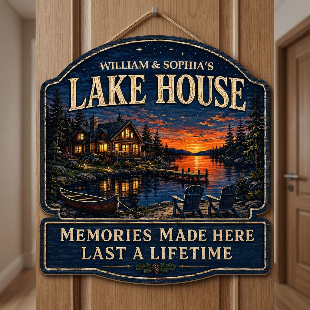 Personalized Lake House Night Sunset Wooden Hanging Sign