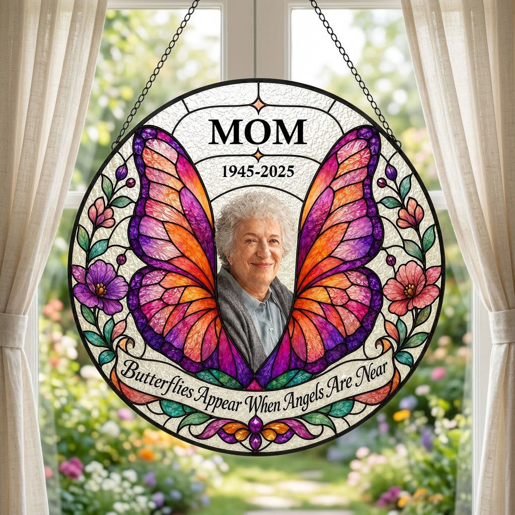 Round stained-glass suncatcher with butterfly wings, purple and pink flowers, a photo arch and a name banner.
