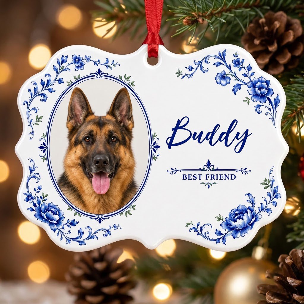 Ornate scalloped ceramic medallion ornament with blue Delft floral frame, custom dog photo, and 'BEST FRIEND' text