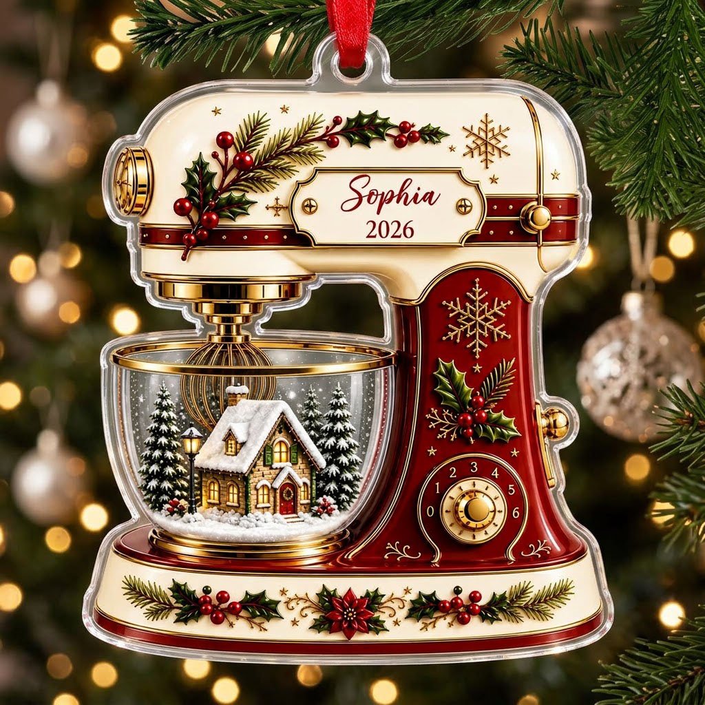 Stand mixer-shaped acrylic ornament with holly, gold snowflakes, and a snowy cottage scene in a glass bowl.