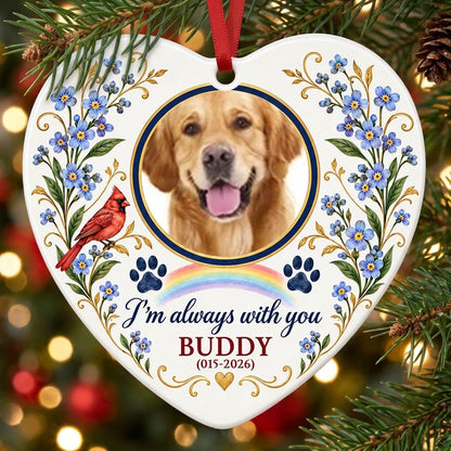 Heart ceramic ornament with a dog photo, red cardinal, blue forget-me-nots, rainbow, paw prints, and a gold heart accent