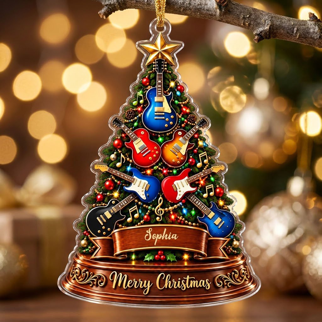 Green tree-shaped acrylic ornament with electric guitars, gold music notes, a name banner, and a gold star topper.