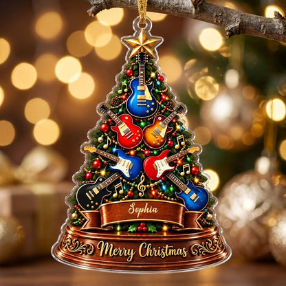 Green tree-shaped acrylic ornament with electric guitars, gold music notes, a name banner, and a gold star topper.