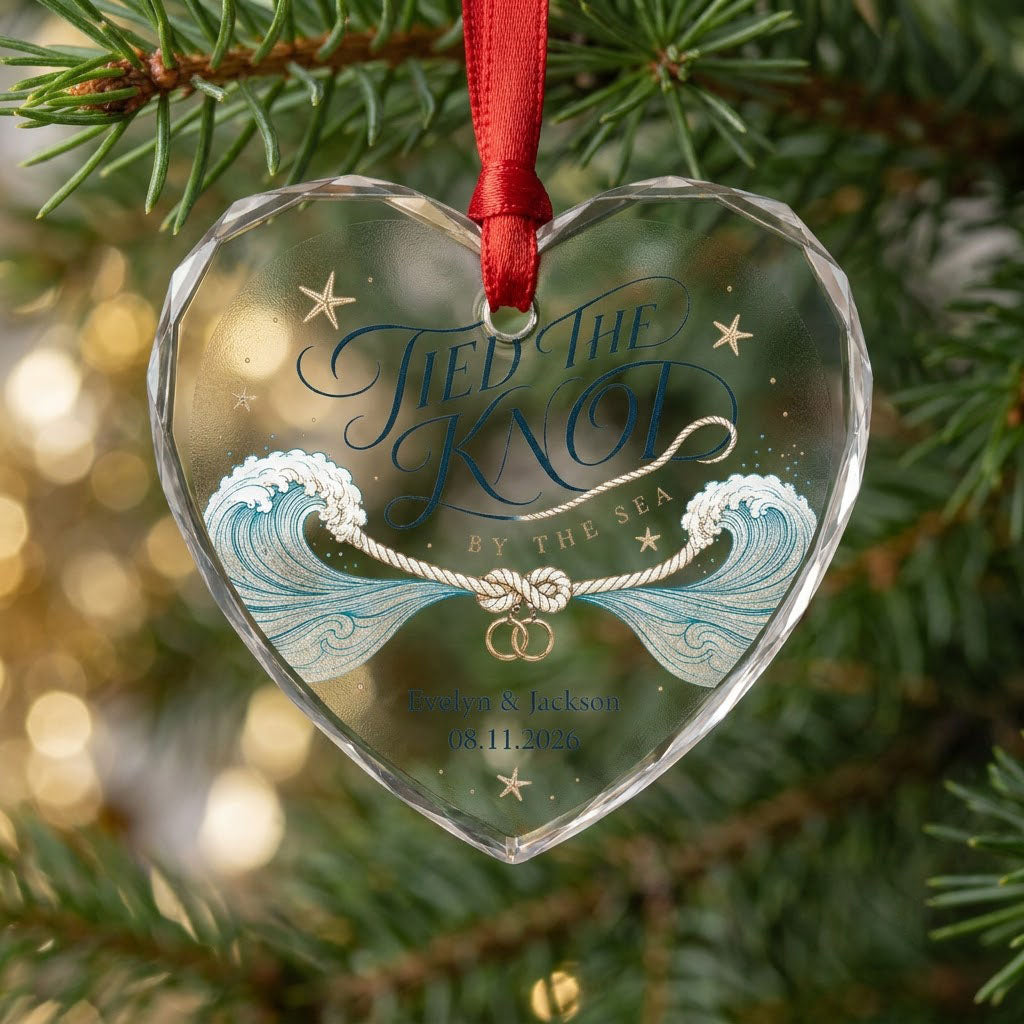 Personalized Tied the Knot by the Sea Beach Wedding Heart Glass Ornament