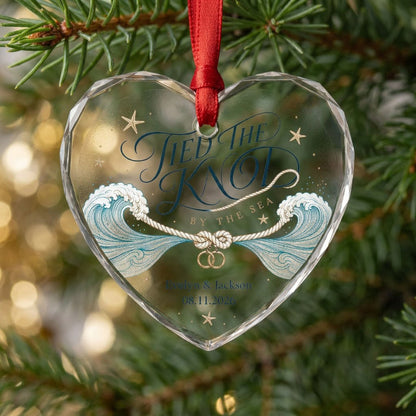 Personalized Tied the Knot by the Sea Beach Wedding Heart Glass Ornament