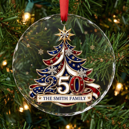 Personalized 250th Anniversary Patriotic Christmas Tree Round Glass Ornament