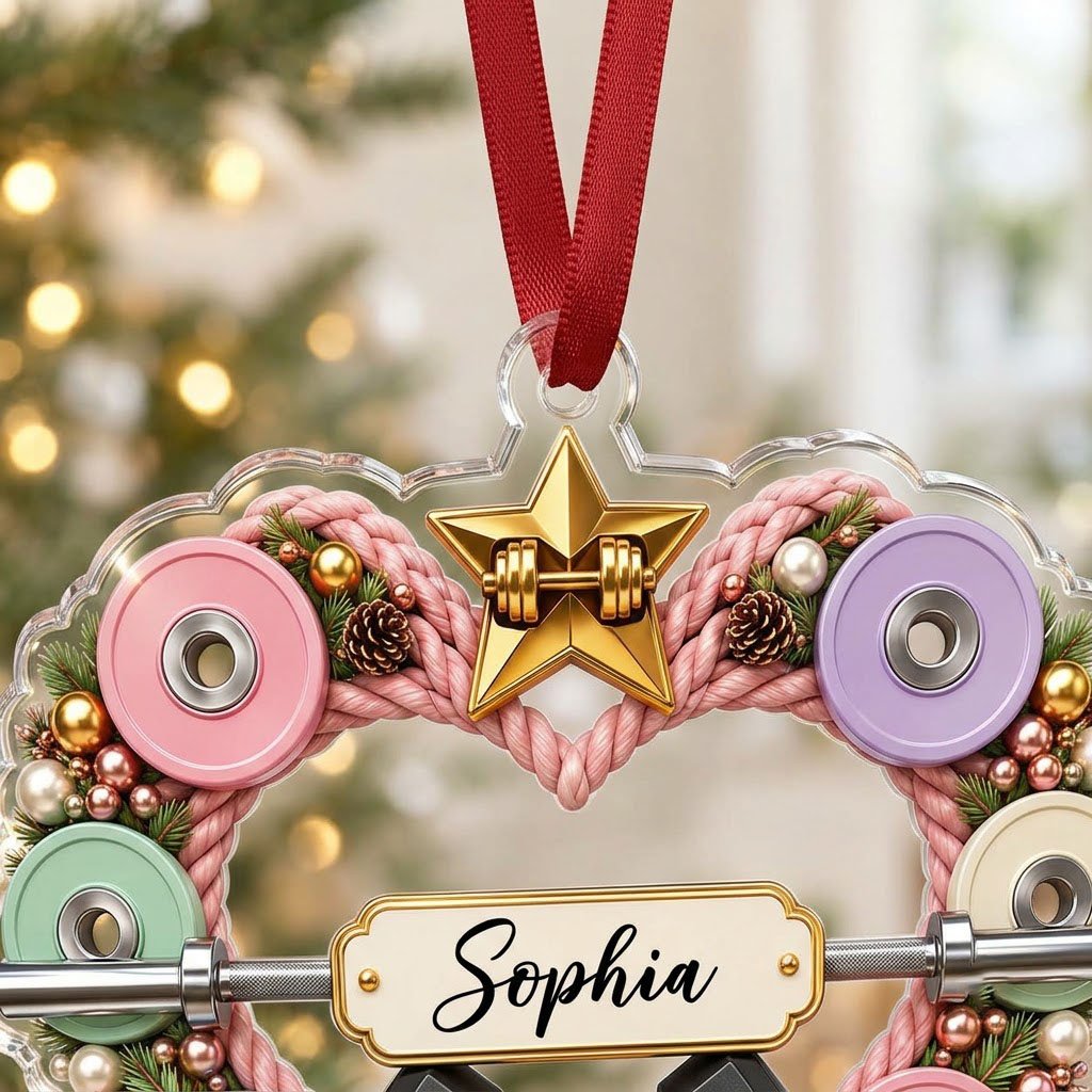 Clear acrylic heart ornament with pink rope wreath, pastel plates, barbell, crossed dumbbells, and a name plaque.