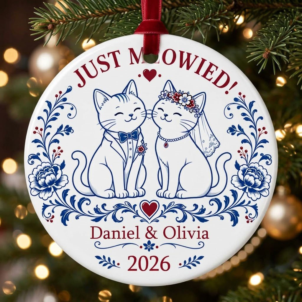 Round ceramic ornament with two wedding cats, 'JUST MEOWIED!', names and year with blue and red folk floral accents