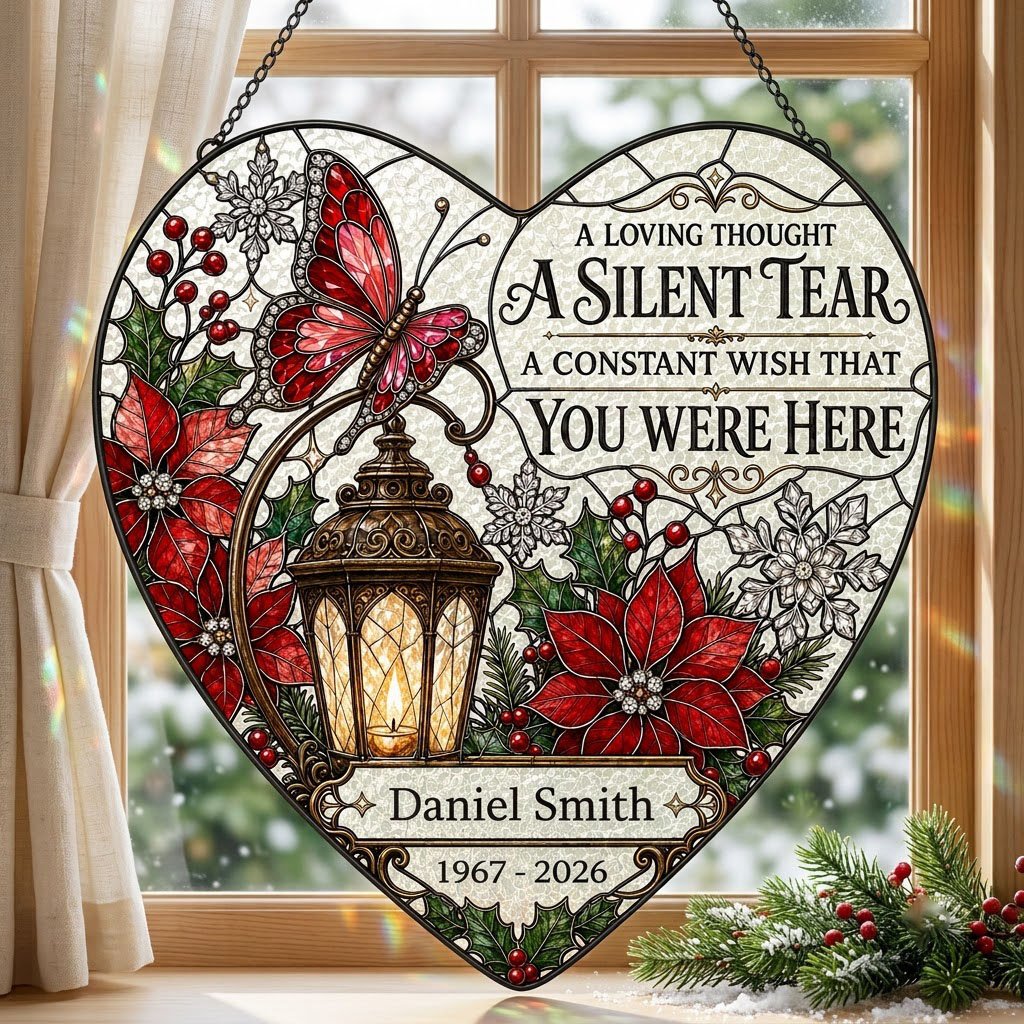 Personalized Red Butterfly Glowing Lantern A Silent Tear Memorial Heart Stained Glass Suncatcher