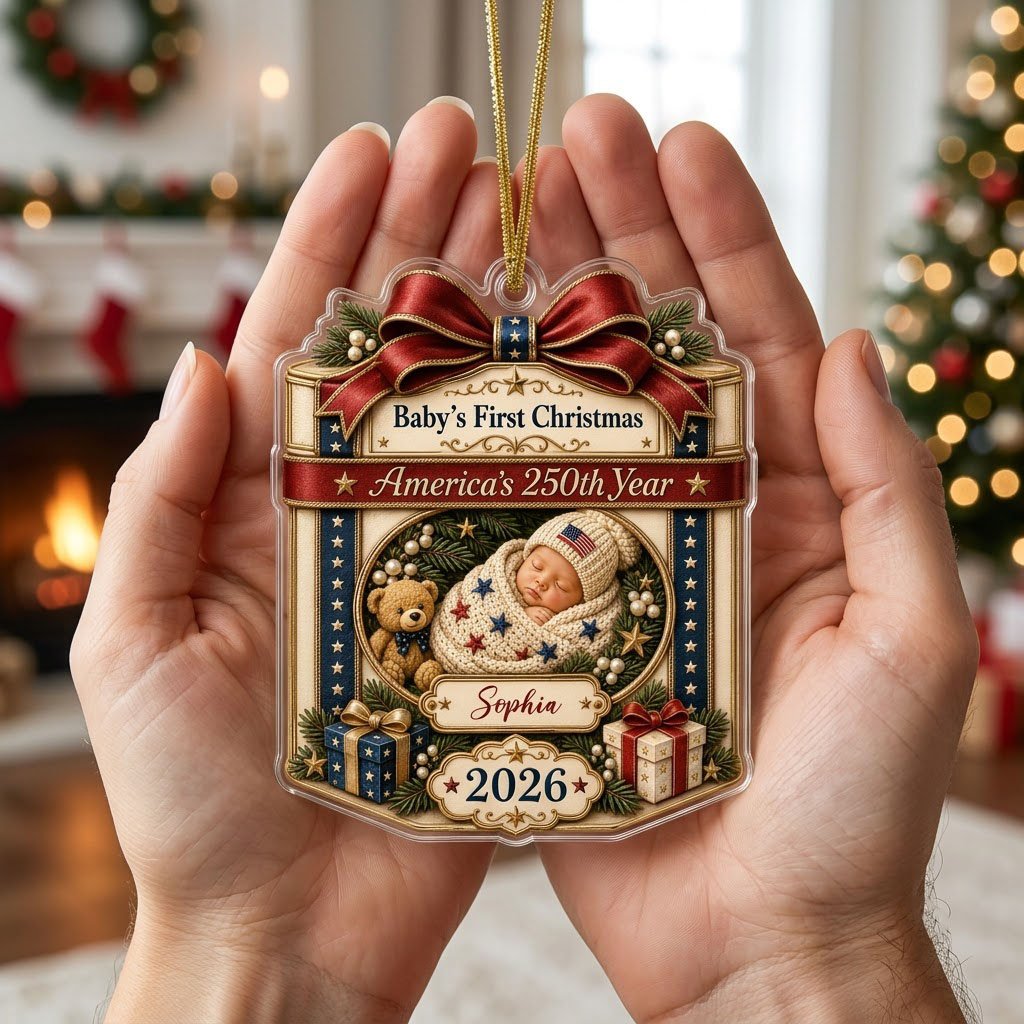 Personalized America 250th Baby's First Christmas Gift Box Acrylic Ornament, Custom Patriotic Keepsake
