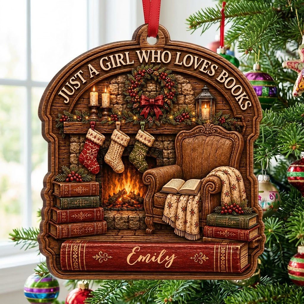 Wood ornament with fireplace, wreath, stockings, armchair and books, plus 'Just a Girl Who Loves Books' and a name.