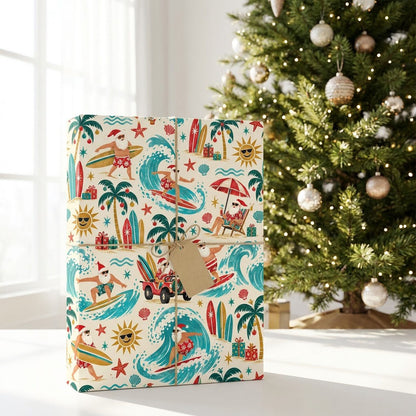 Wrapping paper with surfing Santa, red jeep, palm trees with ornaments, suns in sunglasses, starfish, seashells.