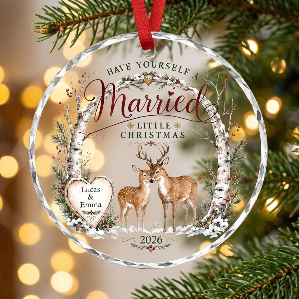 Personalized Have Yourself A Married Little Christmas Birch Deer Round Glass Ornament