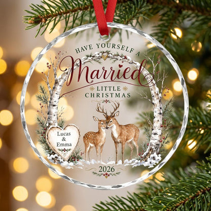 Personalized Have Yourself A Married Little Christmas Birch Deer Round Glass Ornament