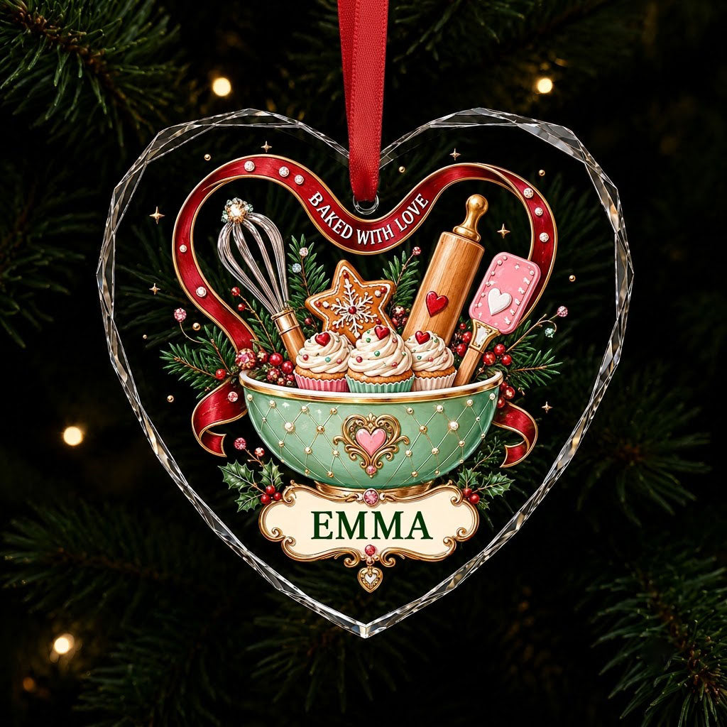 Heart stained glass suncatcher with mint mixing bowl, cupcakes, red ribbon, holly, and gold plaque BAKED WITH LOVE.