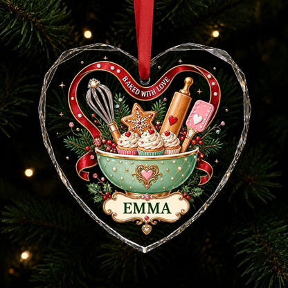 Heart stained glass suncatcher with mint mixing bowl, cupcakes, red ribbon, holly, and gold plaque BAKED WITH LOVE.
