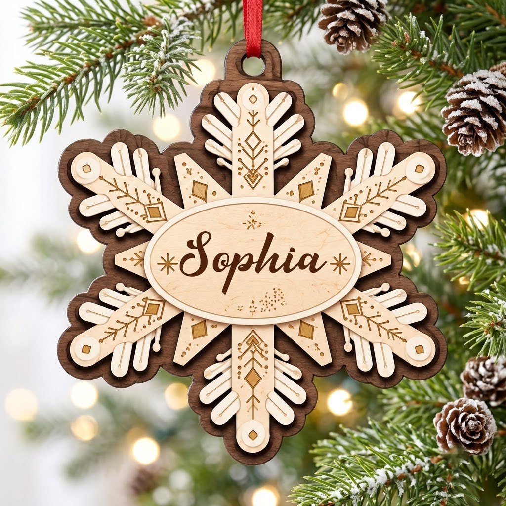 Layered wood snowflake ornament with geometric engravings and a central oval name plate for a custom name.