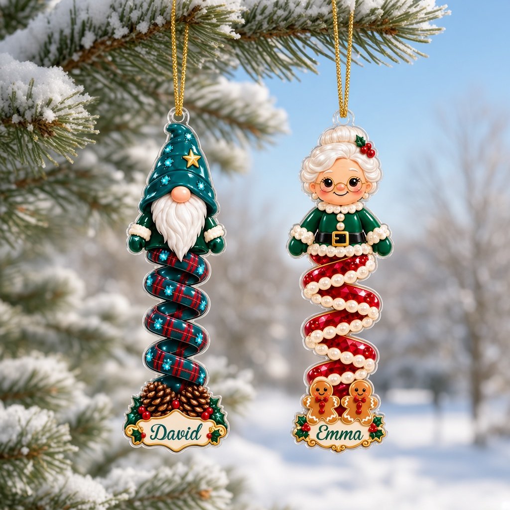 Clear acrylic ornament with a cartoon elf or Mrs. Claus, spiral ribbon body, holly, and a white name scroll.