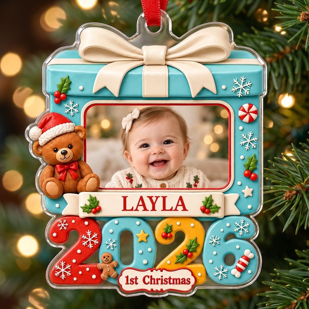 Light blue gift-box photo ornament with cream bow, teddy bear, red trim, and colorful 2026 base with 1st Christmas.