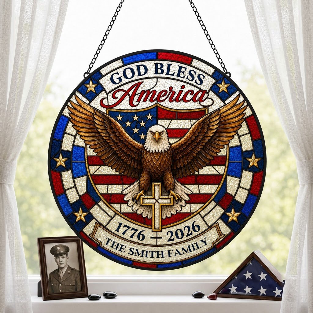 Round stained glass-look suncatcher with a bald eagle over a gold cross and an American flag shield with family name.