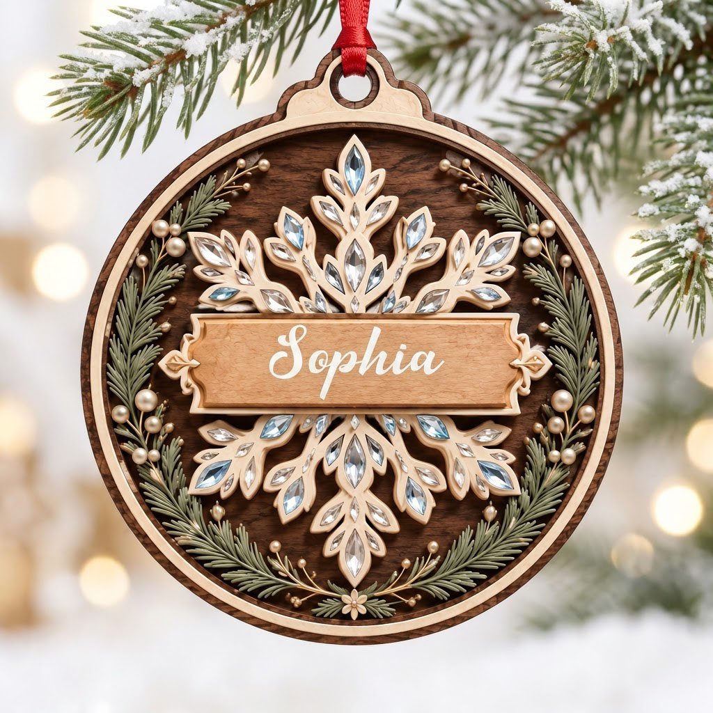 Round wood ornament with a snowflake, gemstone accents, pine sprigs, and a banner personalized with a name.