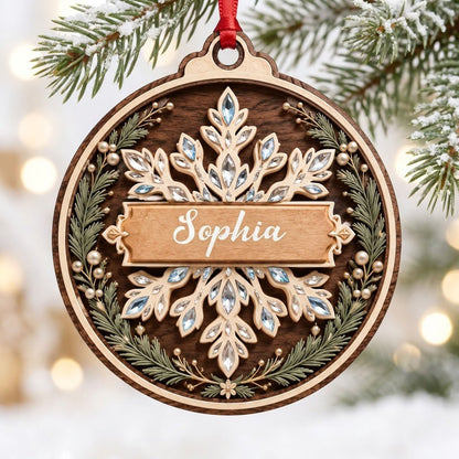 Round wood ornament with a snowflake, gemstone accents, pine sprigs, and a banner personalized with a name.
