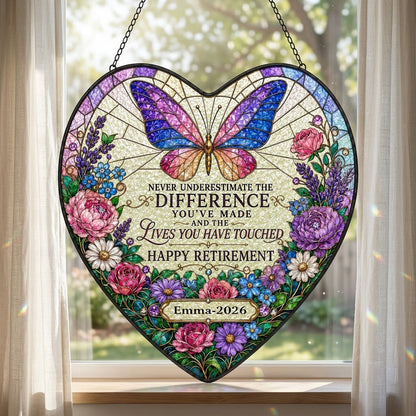 Personalized Butterfly Floral Never Underestimate The Difference Happy Retirement Heart Stained Glass Suncatcher