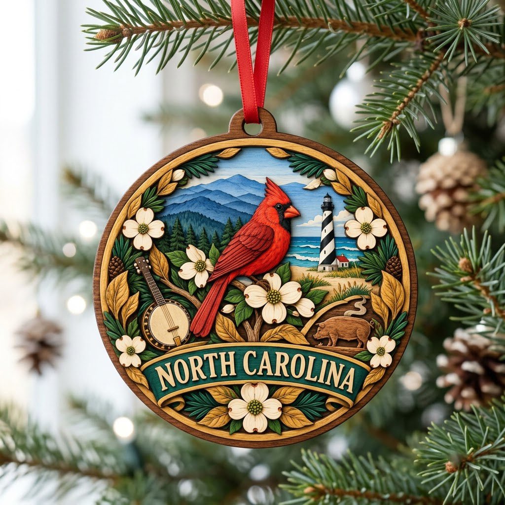 Round ornament with red cardinal, dogwood flowers, mountains, lighthouse, banjo, and 'NORTH CAROLINA' text.