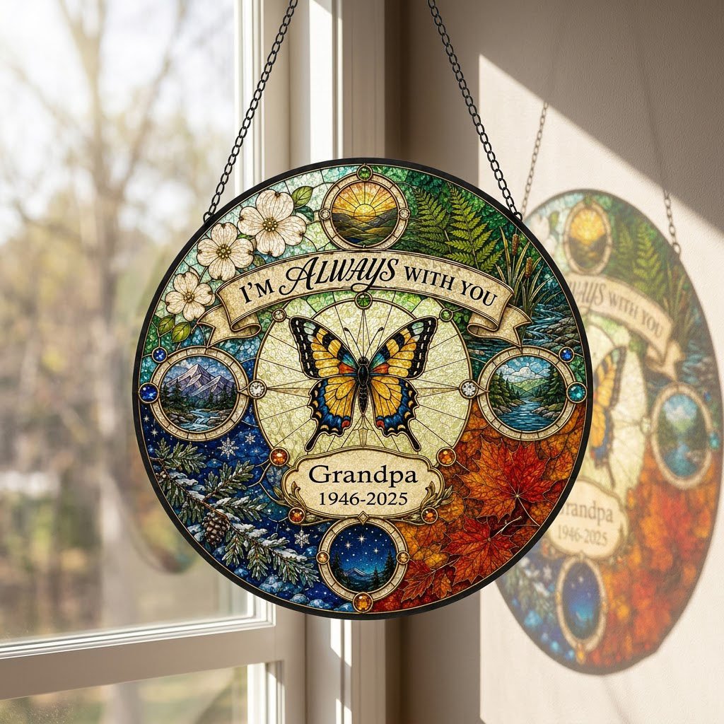 Personalized Butterfly Four Seasons Memorial I'm Always With You Stained Glass Round Suncatcher