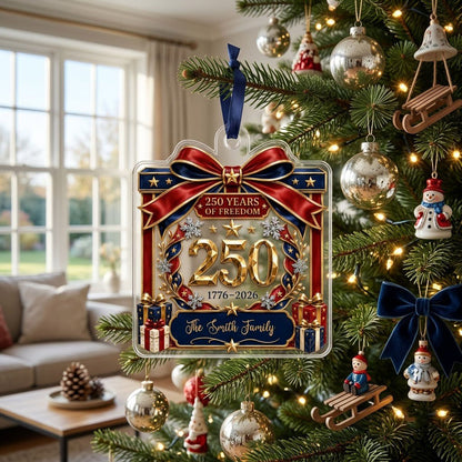 Personalized America 250th Gift Box Acrylic Ornament, Custom Patriotic Holiday Keepsake