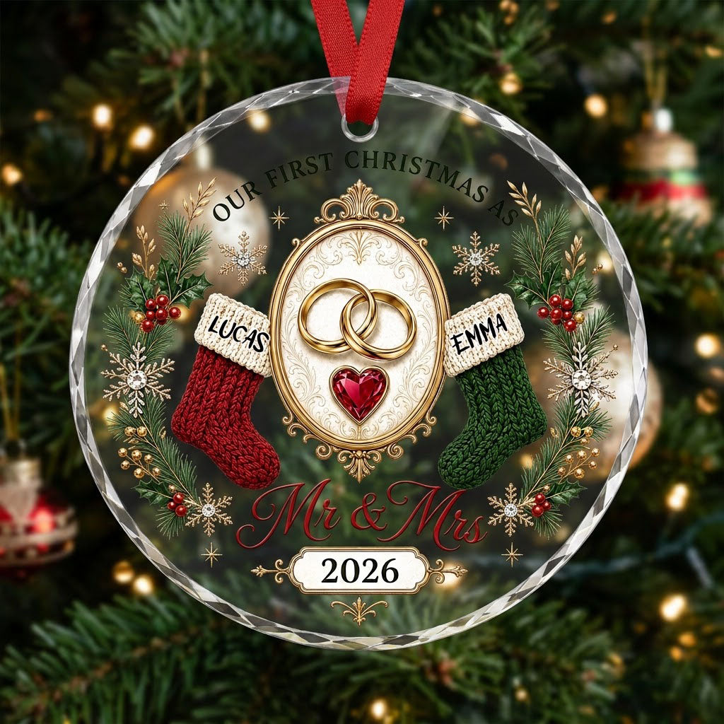 Round glass ornament with gold rings, red heart gem, red and green stockings, pine branches and Mr & Mrs text.