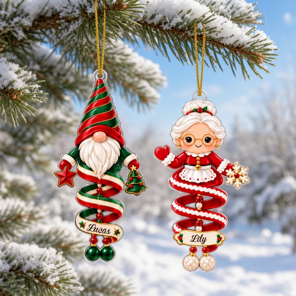 Acrylic ornament showing a polar bear and Mrs. Claus made of spiral ribbons with two personalized names on each characte