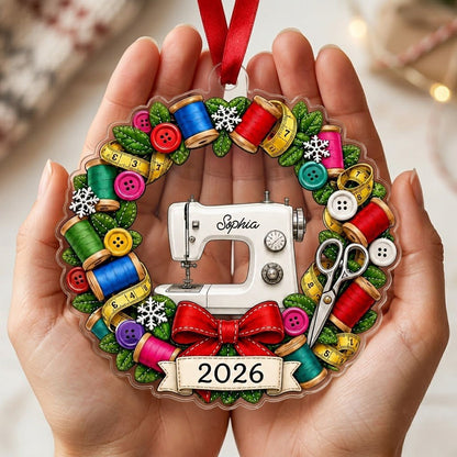 Personalized Sewing Machine Wreath Acrylic Ornament, Custom Quilter Seamstress Keepsake