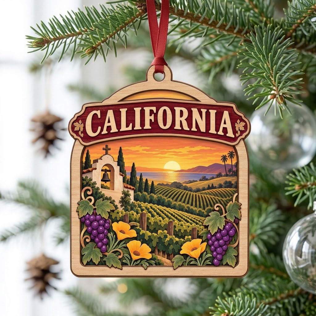 Wood ornament with red banner, California mission, vineyards, poppies, grapes, palms, mountains, and ocean sunset.