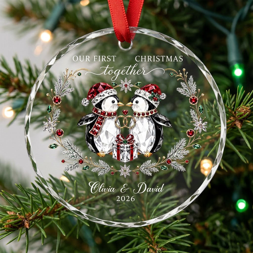 Penguin couple in Santa hats hold gold rings beneath a heart, framed by a pine and gem wreath with a gift box.