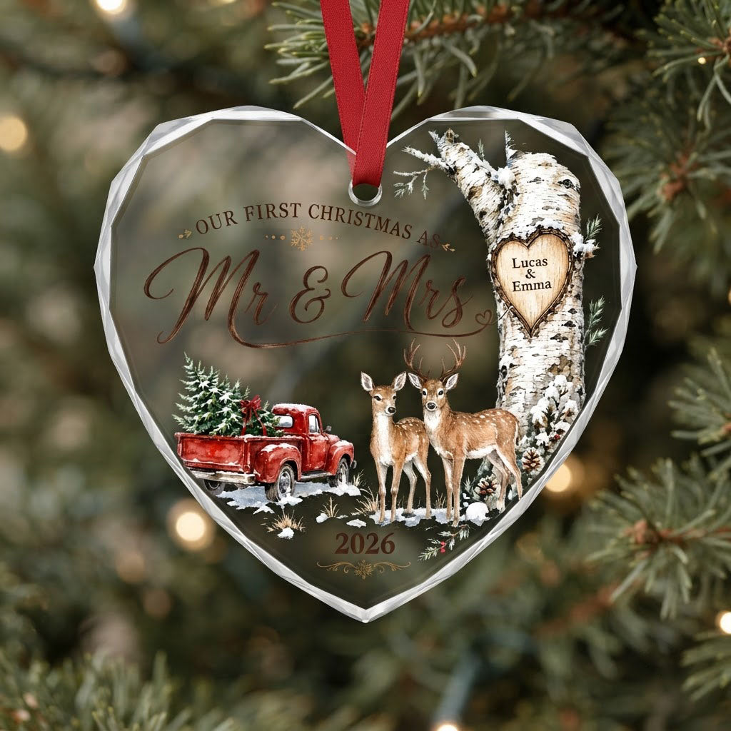 Personalized Our First Christmas as Mr & Mrs Deer Red Truck Heart Glass Ornament