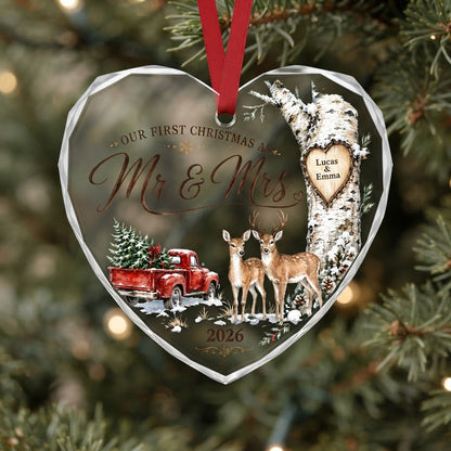 Personalized Our First Christmas as Mr & Mrs Deer Red Truck Heart Glass Ornament