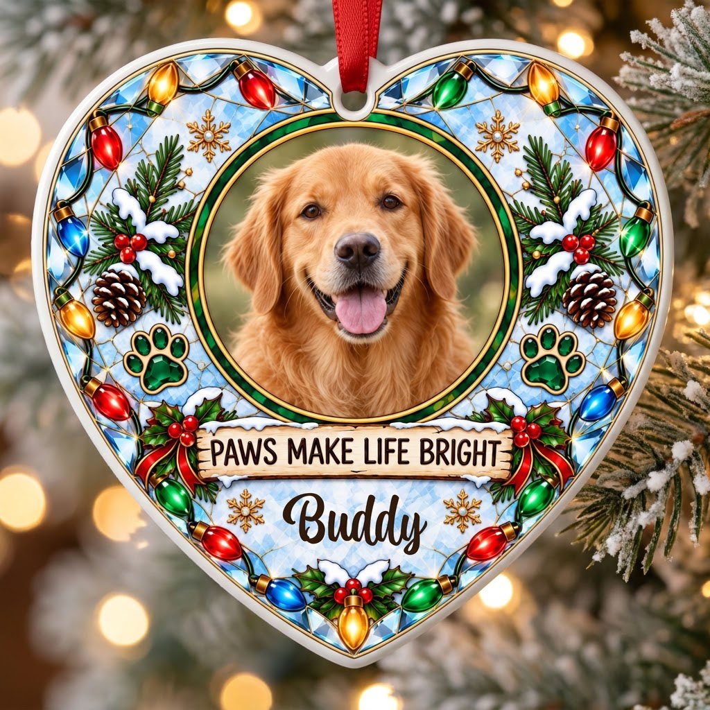 Heart ceramic ornament with dog photo frame, “PAWS MAKE LIFE BRIGHT”, lights, pine branches, paw prints, and red ribbon 