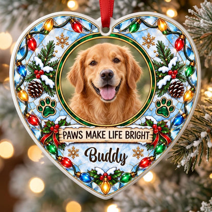 Heart ceramic ornament with dog photo frame, “PAWS MAKE LIFE BRIGHT”, lights, pine branches, paw prints, and red ribbon 
