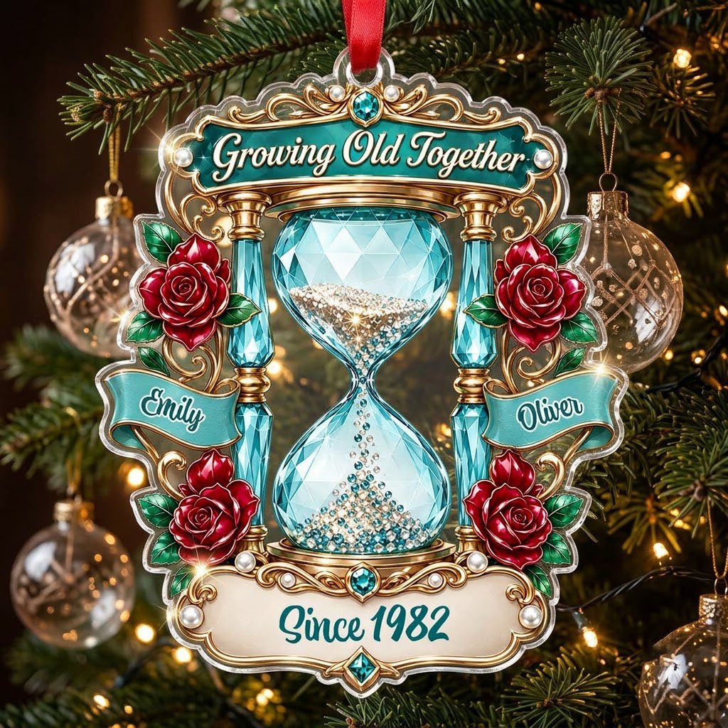 Custom-cut acrylic ornament with jeweled hourglass, red roses, and the words 'Growing Old Together'.