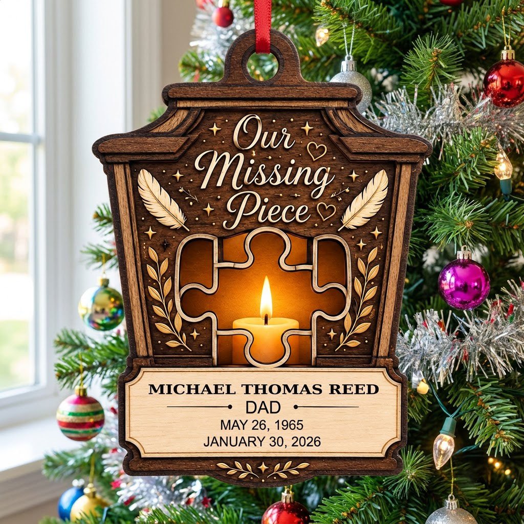 Wood ornament with lantern-style frame, puzzle-piece cutout revealing candle glow, “Our Missing Piece” text and feather 